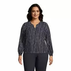 Lands' End Women's Plus Size Shirred Long Sleeve Stripe Split Neck Blouse