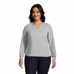 Lands' End Women's Plus Size Shirred Long Sleeve Split Neck Blouse