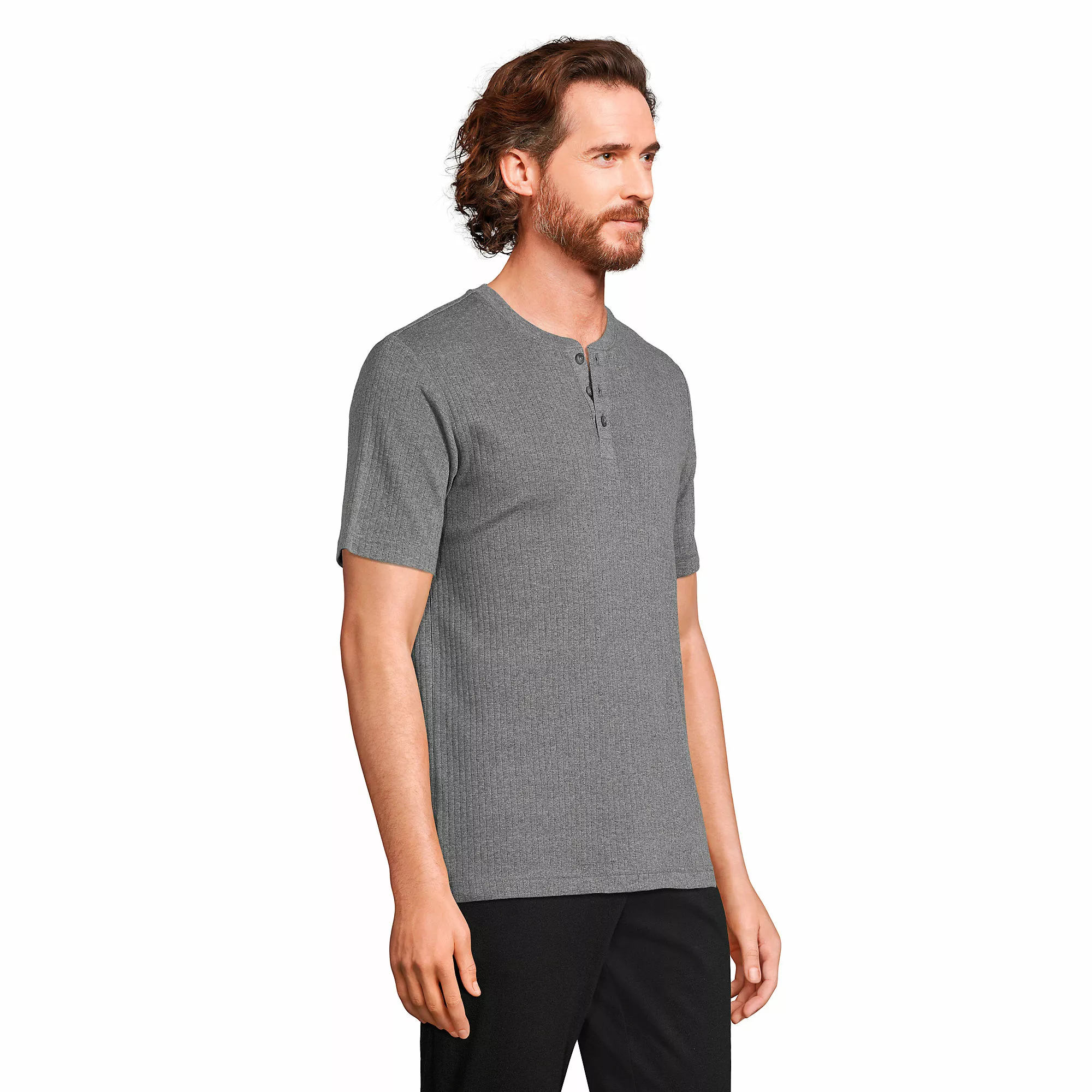 Lands' End Men's Knit Rib Short Sleeve Henley Pajama Shirt - Image 3