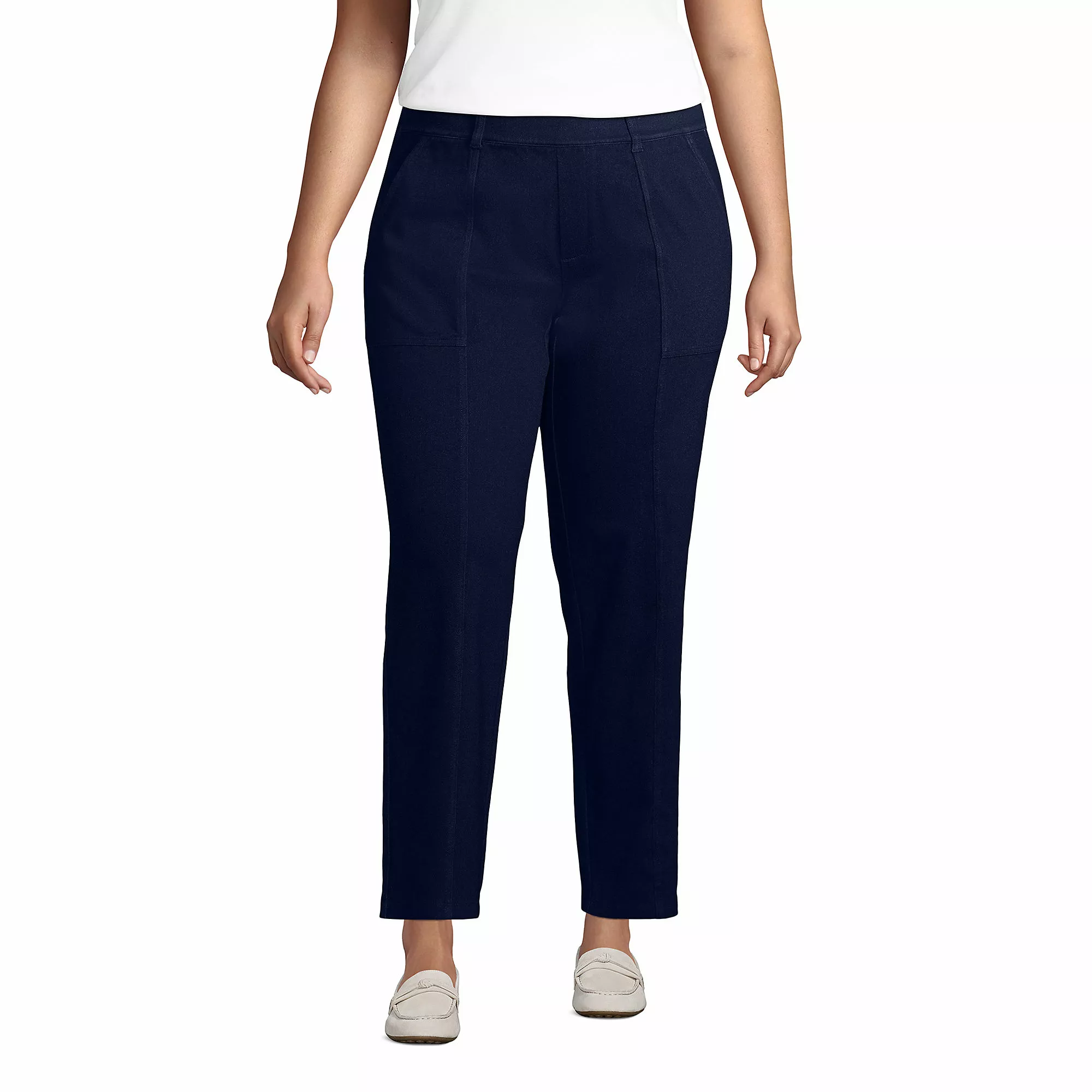 Lands' End Women's Plus Size Starfish Mid Rise Elastic Waist Pull On Utility Jean Ankle Pants