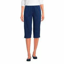 Lands' End Women's Sport Knit Denim High Rise Elastic Waist Pull On Capri Pants