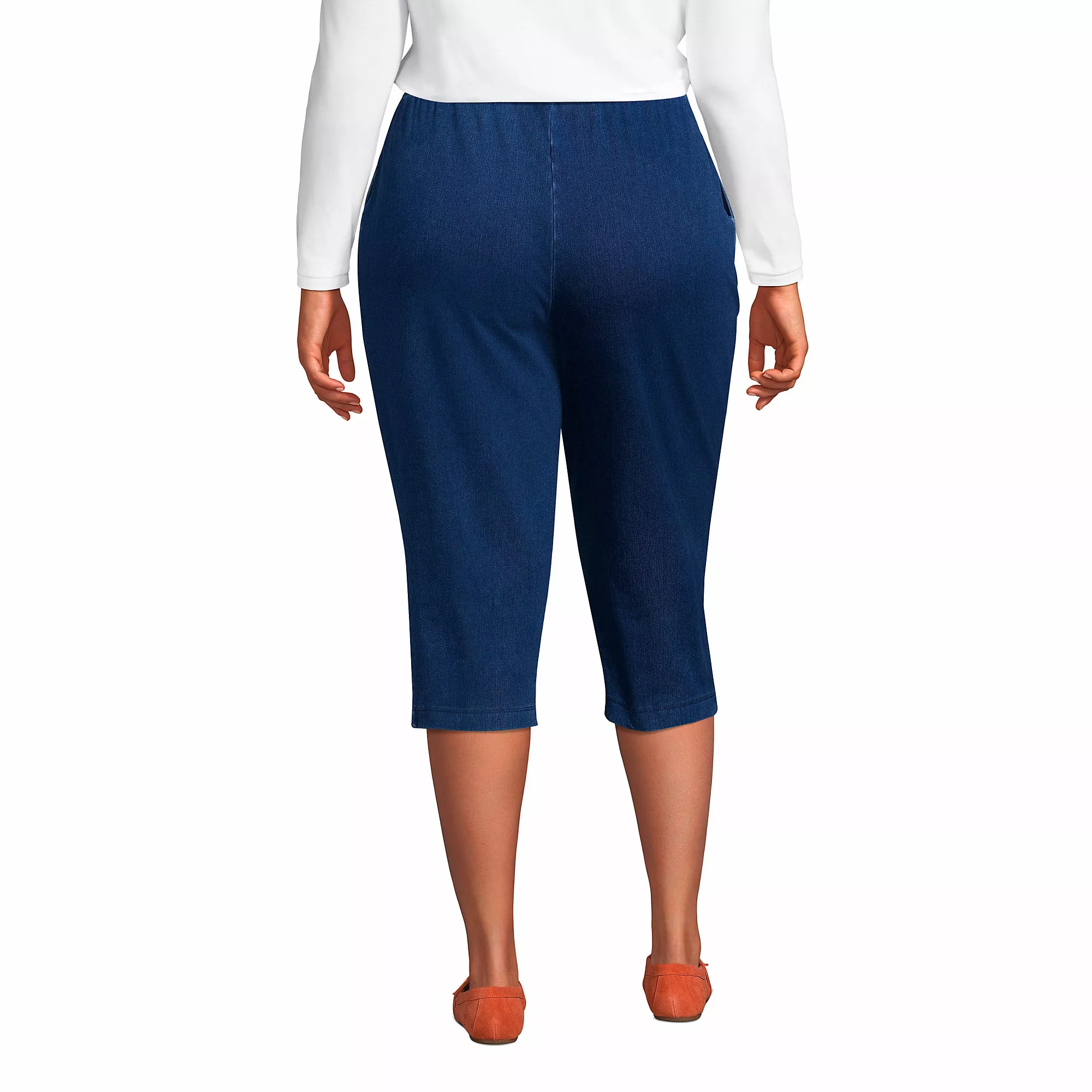 Lands' End Women's Plus Size Sport Knit Denim High Rise Elastic Waist Pull On Capri Pants - Image 2