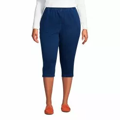 Lands' End Women's Plus Size Sport Knit Denim High Rise Elastic Waist Pull On Capri Pants