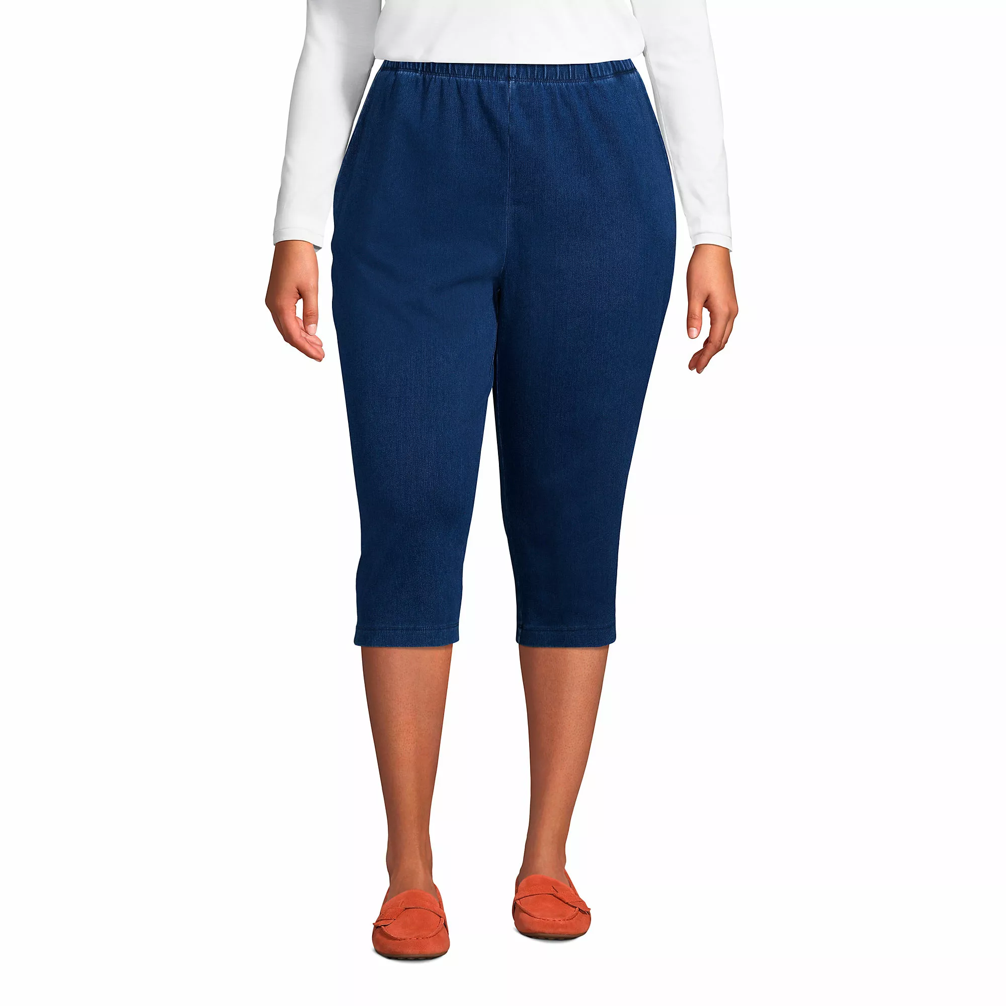 Lands' End Women's Plus Size Sport Knit Denim High Rise Elastic Waist Pull On Capri Pants