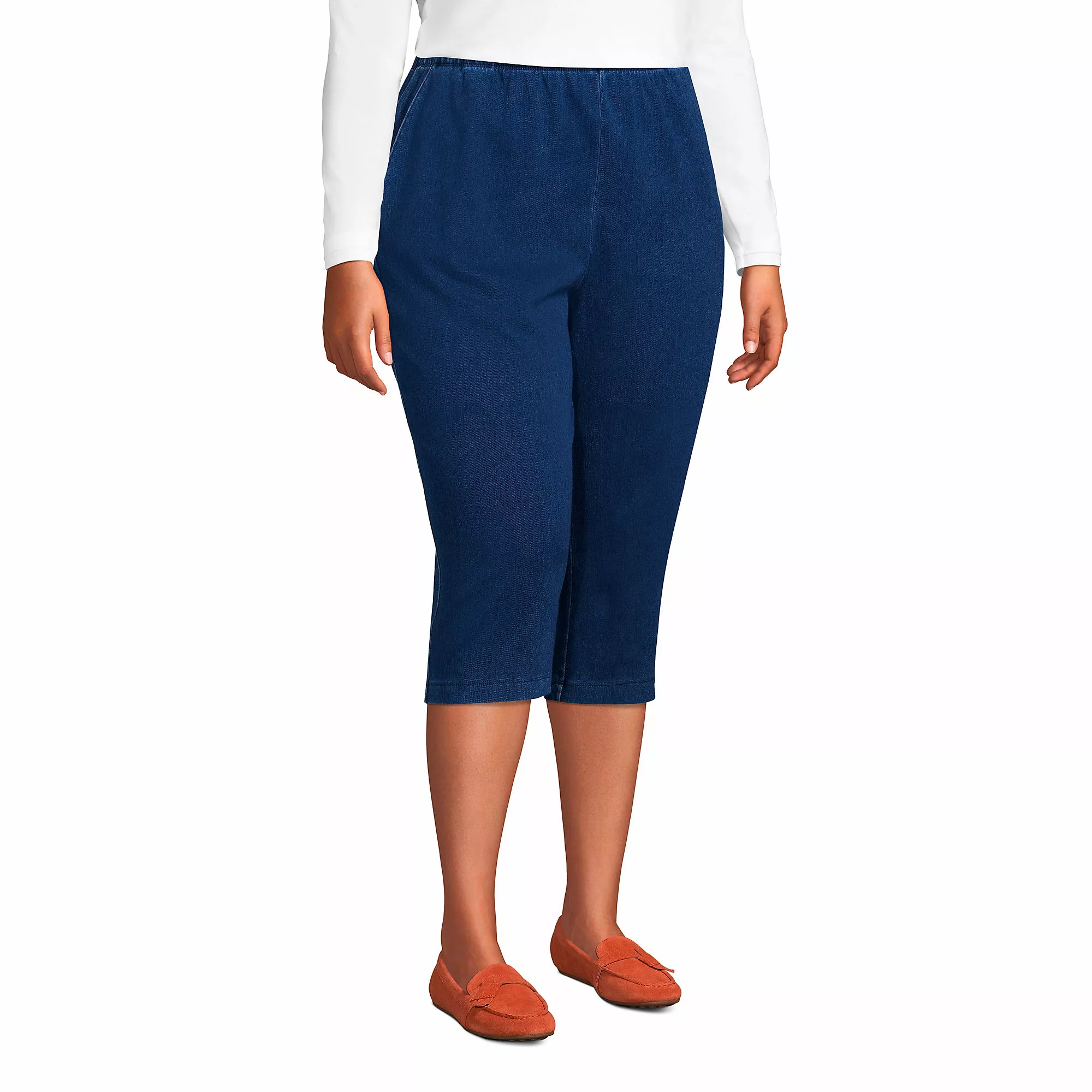 Lands' End Women's Plus Size Sport Knit Denim High Rise Elastic Waist Pull On Capri Pants - Image 3