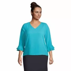 Lands' End Women's Plus Size 3/4 Flutter Sleeve Crepe Blouse