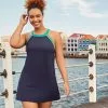 Lands' End Women's Chlorine Resistant High Neck Swim Dress One Piece Swimsuit Adjustable Straps