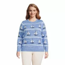 Lands' End Women's Plus Size Cotton Drifter Crew Neck Sweater - Pattern