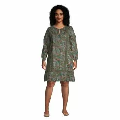Lands' End Women's Plus Size Cotton Poplin Split Neck Dress