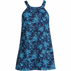 Lands' End Women's Plus Size Chlorine Resistant High Neck Swim Dress One Piece Swimsuit Adjustable Straps