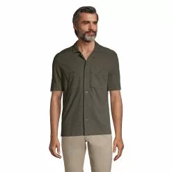 Lands' End Men's Short Sleeve Knit Two Pocket Slub Button Front