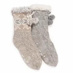 Muk Luks Women's 2 Pair Tall Pom Cabin Slipper Socks