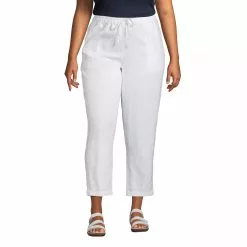 Lands' End Women's Plus Size High Rise Pull On Tie Waist Linen Crop Pants