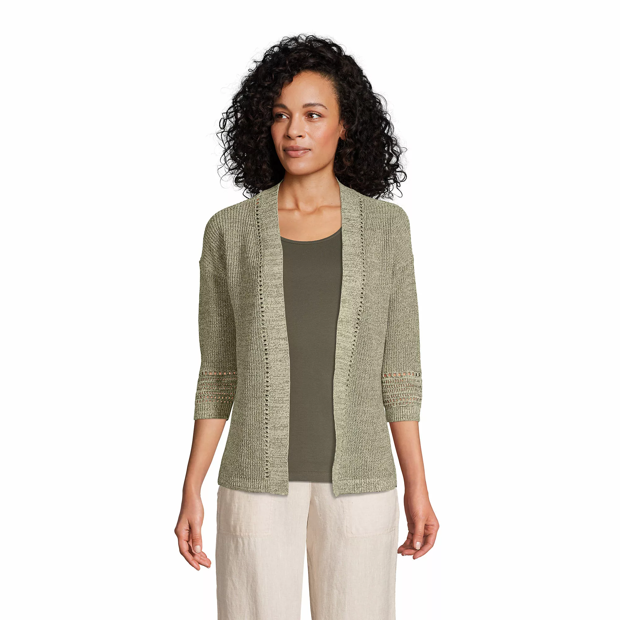 Lands' End Women's Linen Cotton Shaker Open Cardigan Sweater