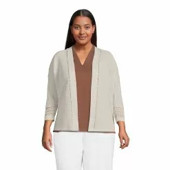 Lands' End Women's Plus Size Linen Cotton Shaker Open Cardigan Sweater