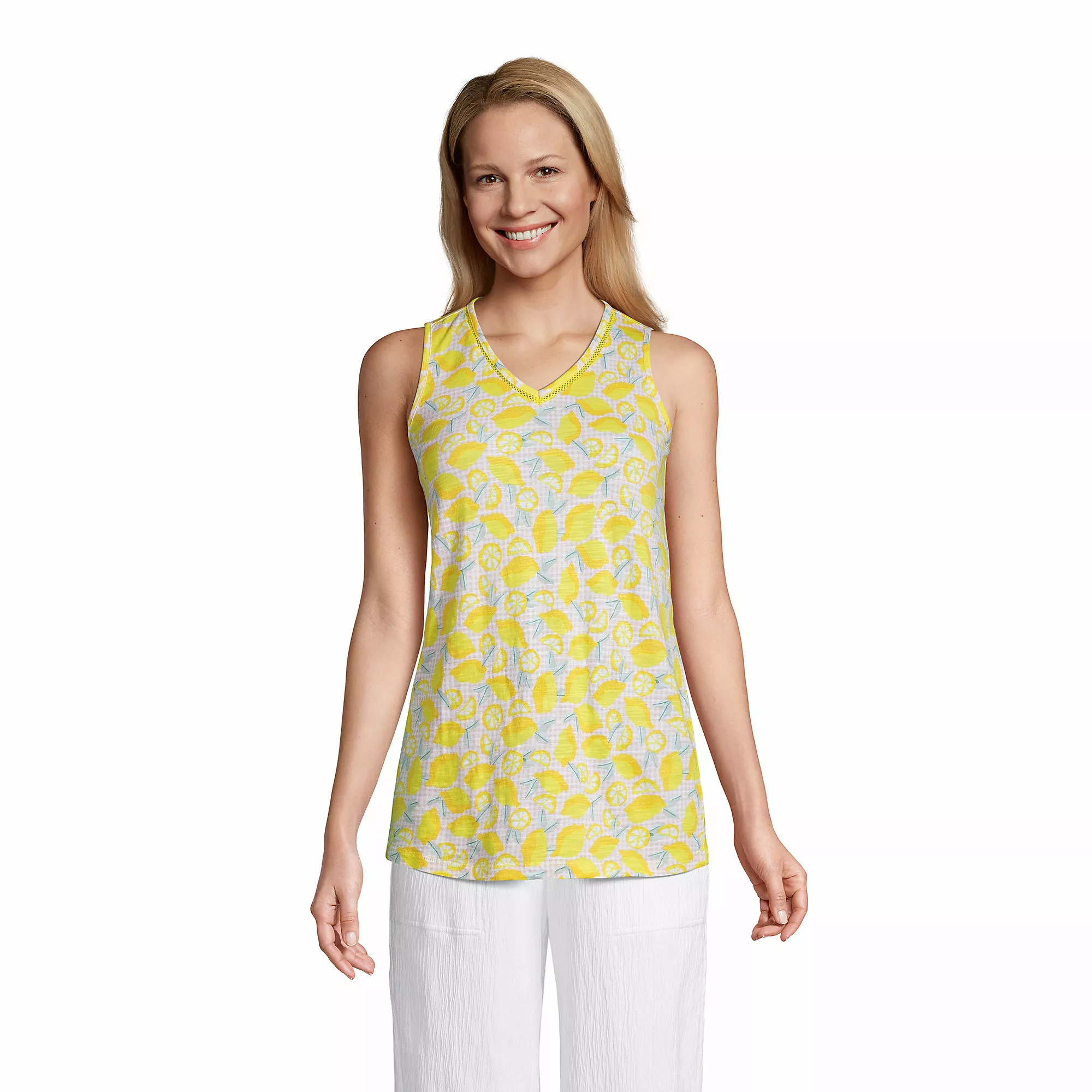Lands' End Women's Slub Vneck Trimmed Tunic Tank