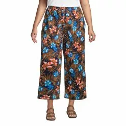 Lands' End Women's Plus Size High Rise Pull On Elastic Waist Wide Leg Crinkle Knit Crop Pants