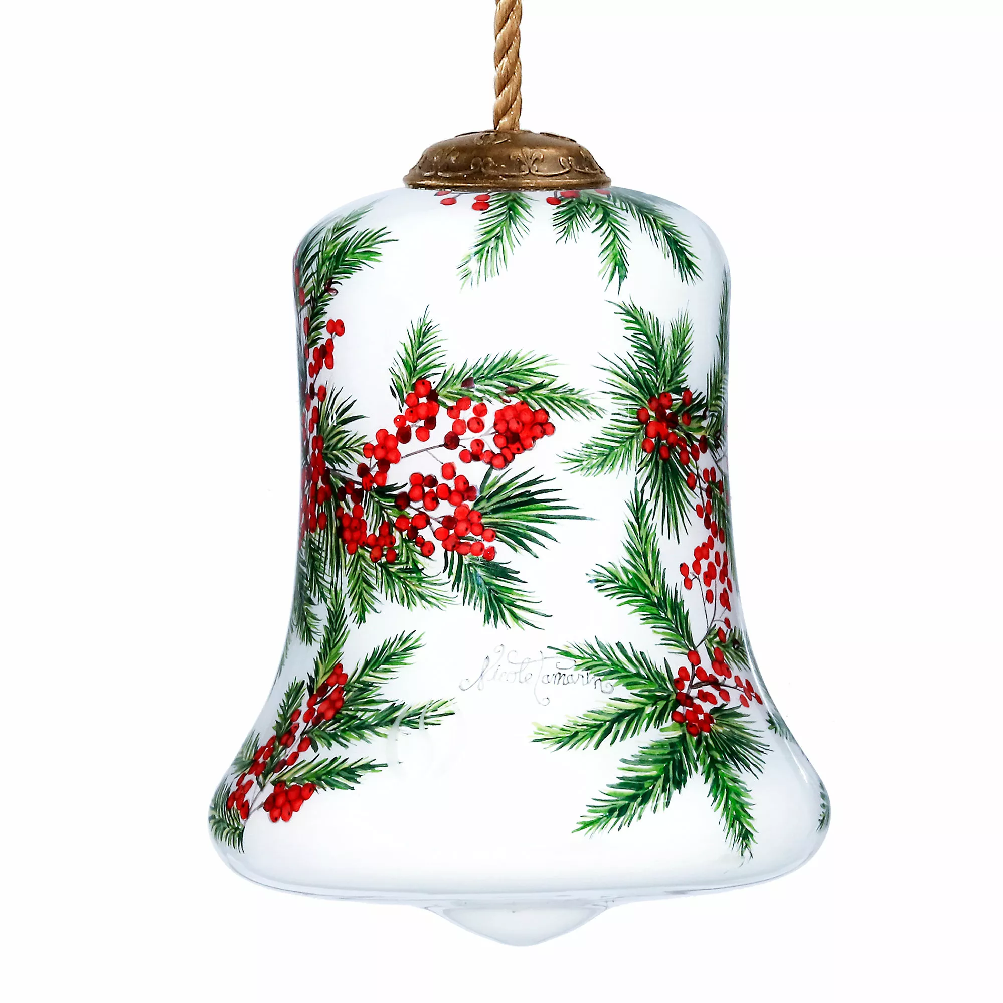 Inner Beauty Winter Berries Cardinal Glass Bell Ornament - Image 2