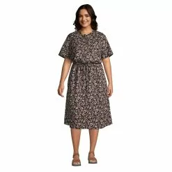Lands' End Women's Plus Size Rayon Short Sleeve Button Front Dress