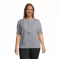 Lands' End Women's Plus Size Elbow Sleeve Crepe Popover Blouse