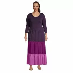 Lands' End Women's Plus Size 3/4 Sleeve Scoop Neck Tiered Maxi Dress