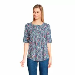 Lands' End Women's Elbow Sleeve Light Weight Jersey Button Front Pintuck Top