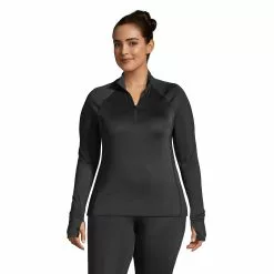 Lands' End Women's Plus Size Thermaskin Heat Long Sleeve Quarter Zip Long Underwear Thermal Baselayer Top