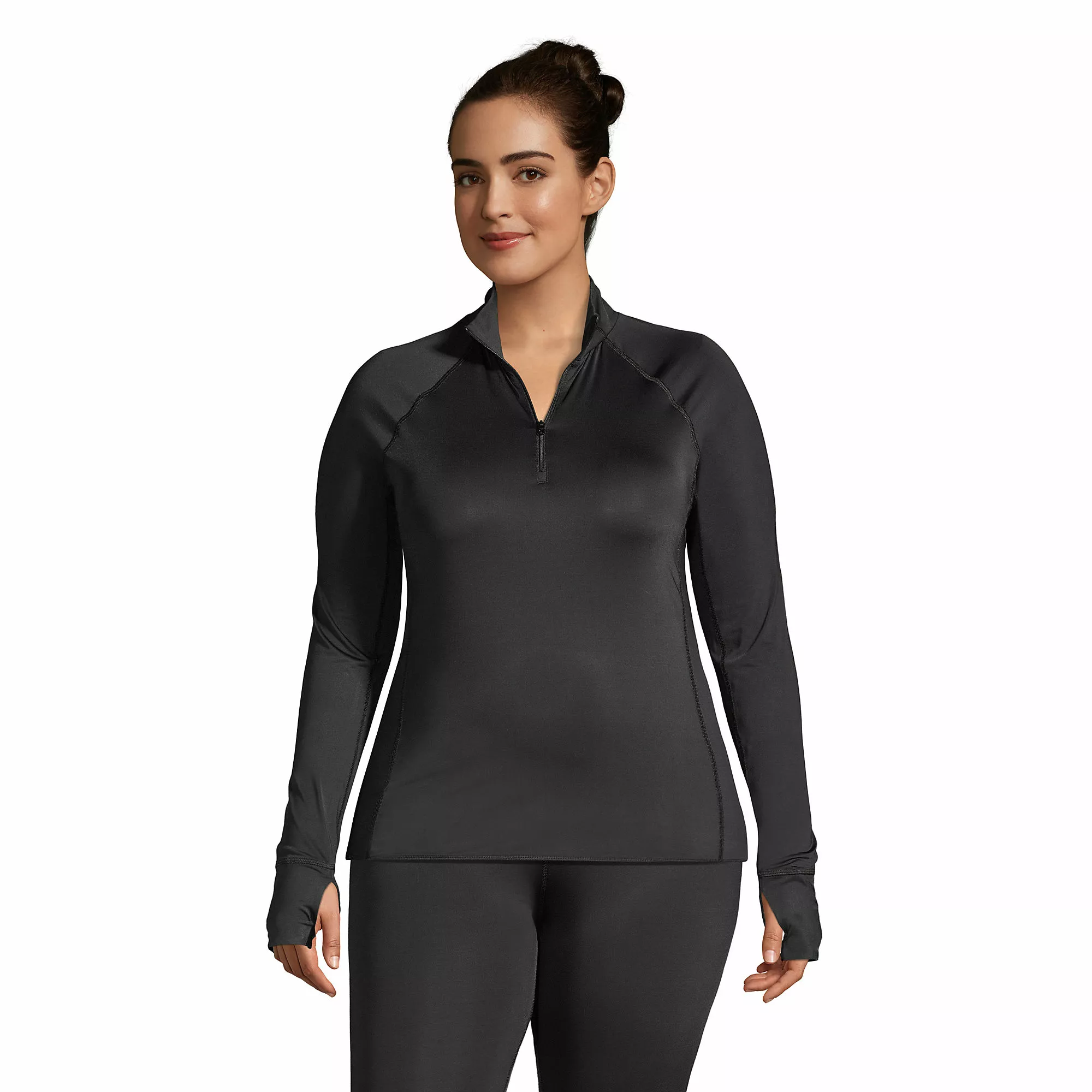 Lands' End Women's Plus Size Thermaskin Heat Long Sleeve Quarter Zip Long Underwear Thermal Baselayer Top