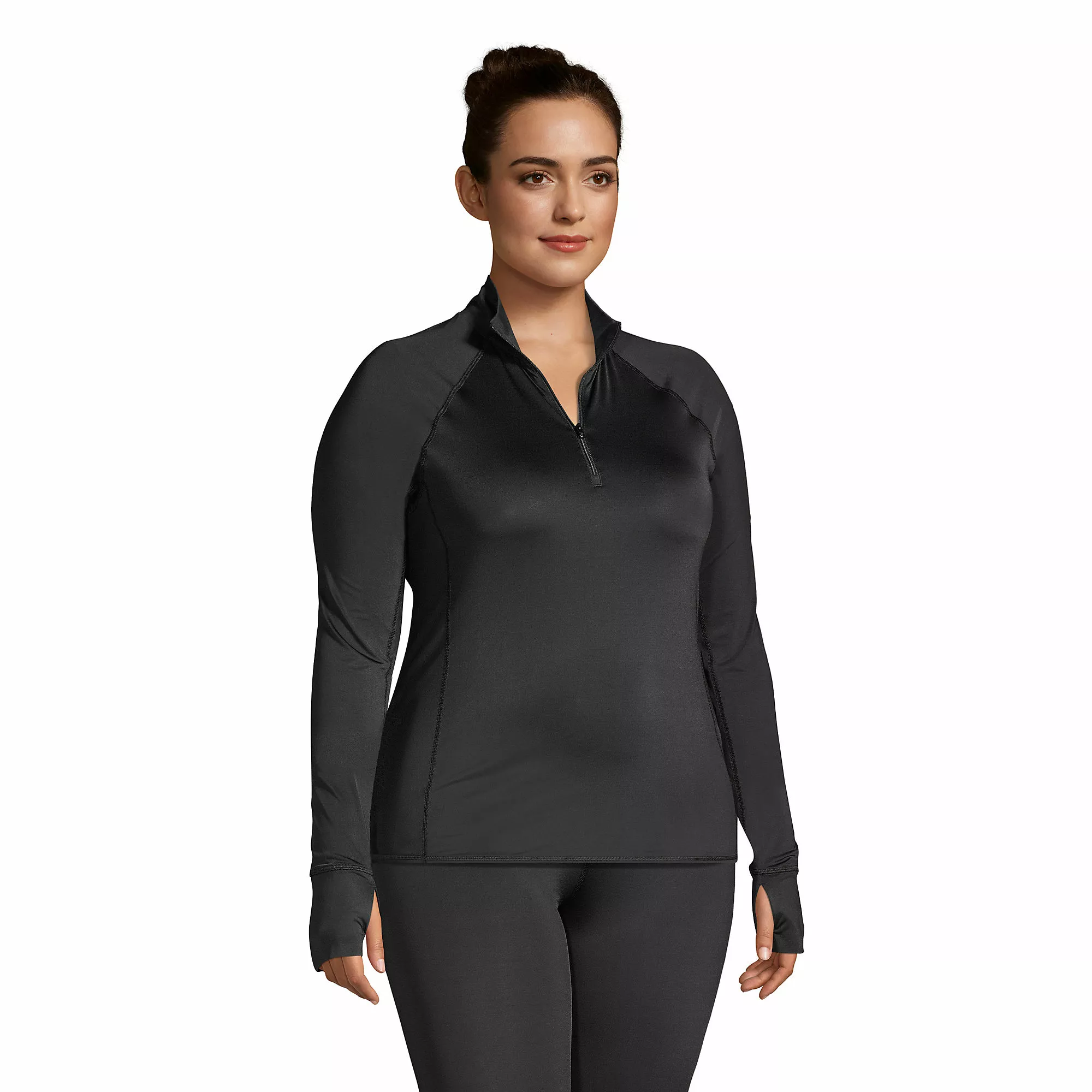 Lands' End Women's Plus Size Thermaskin Heat Long Sleeve Quarter Zip Long Underwear Thermal Baselayer Top - Image 3