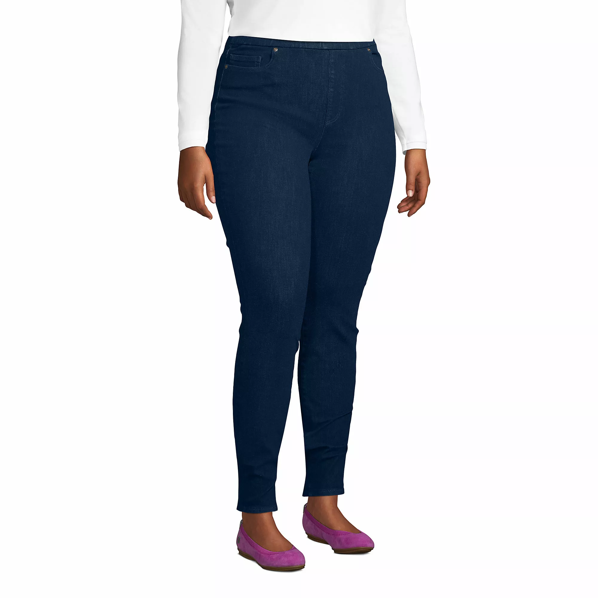 Lands' End Women's Plus Size High Rise Elastic Waist Pull On Skinny Legging Jeans - Image 3
