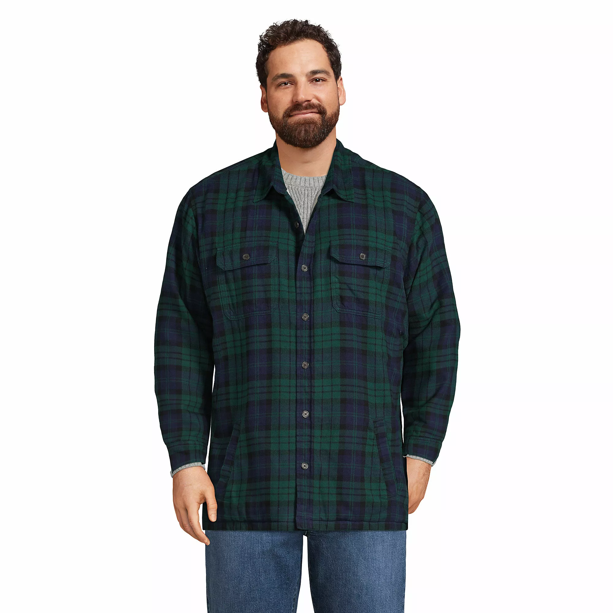 Lands' End Men's Big Flannel Sherpa Lined Shirt Jacket With Pockets