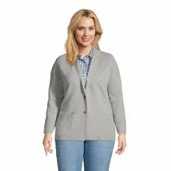 Lands' End Women's Plus Size Fine Gauge Cotton Button Front Blazer Sweater