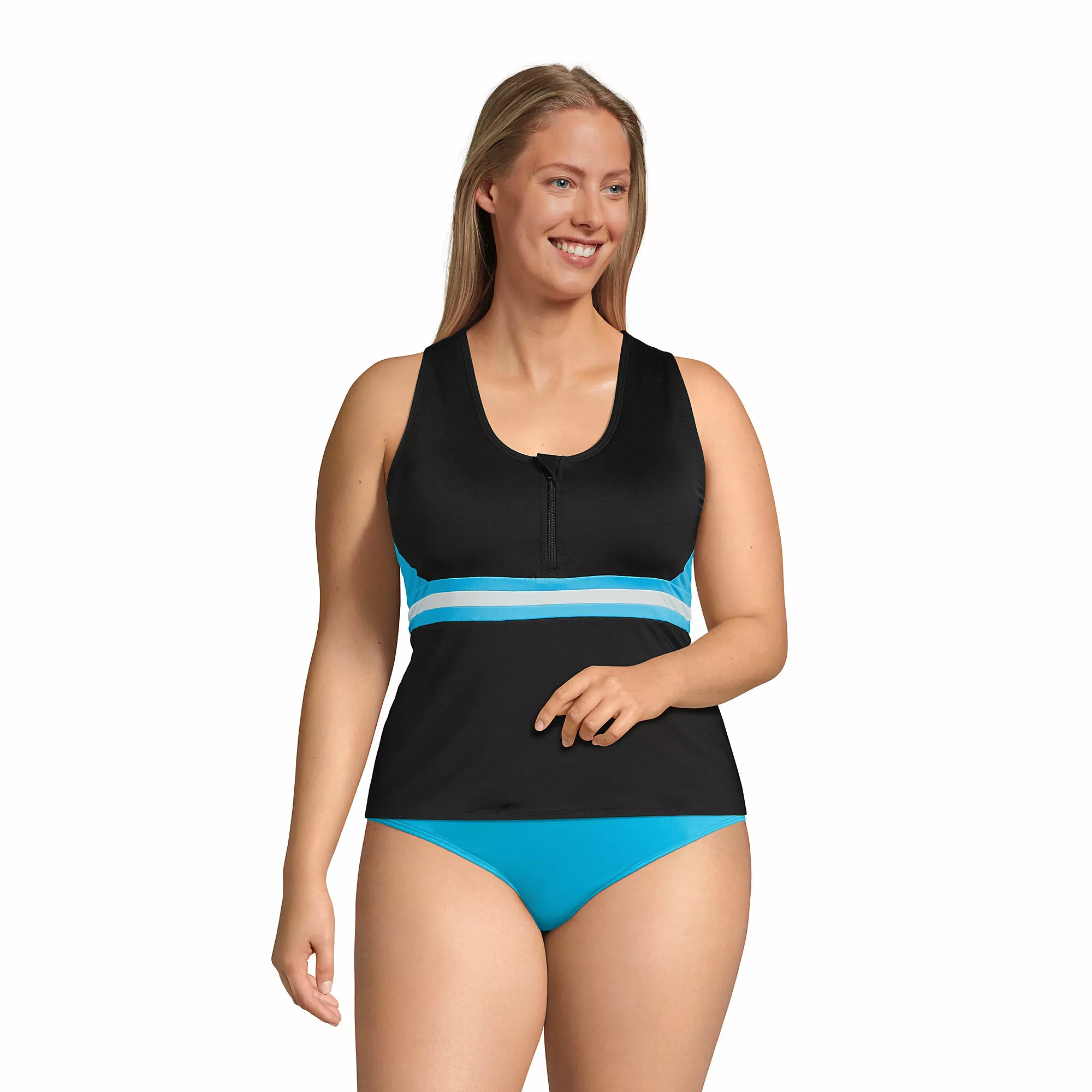 Lands' End Women's Plus Size Chlorine Resistant Zip Front Tankini Swimsuit Top - Image 3
