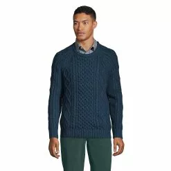Lands' End Men's Cotton Blend Aran Cable Crew Neck Sweater