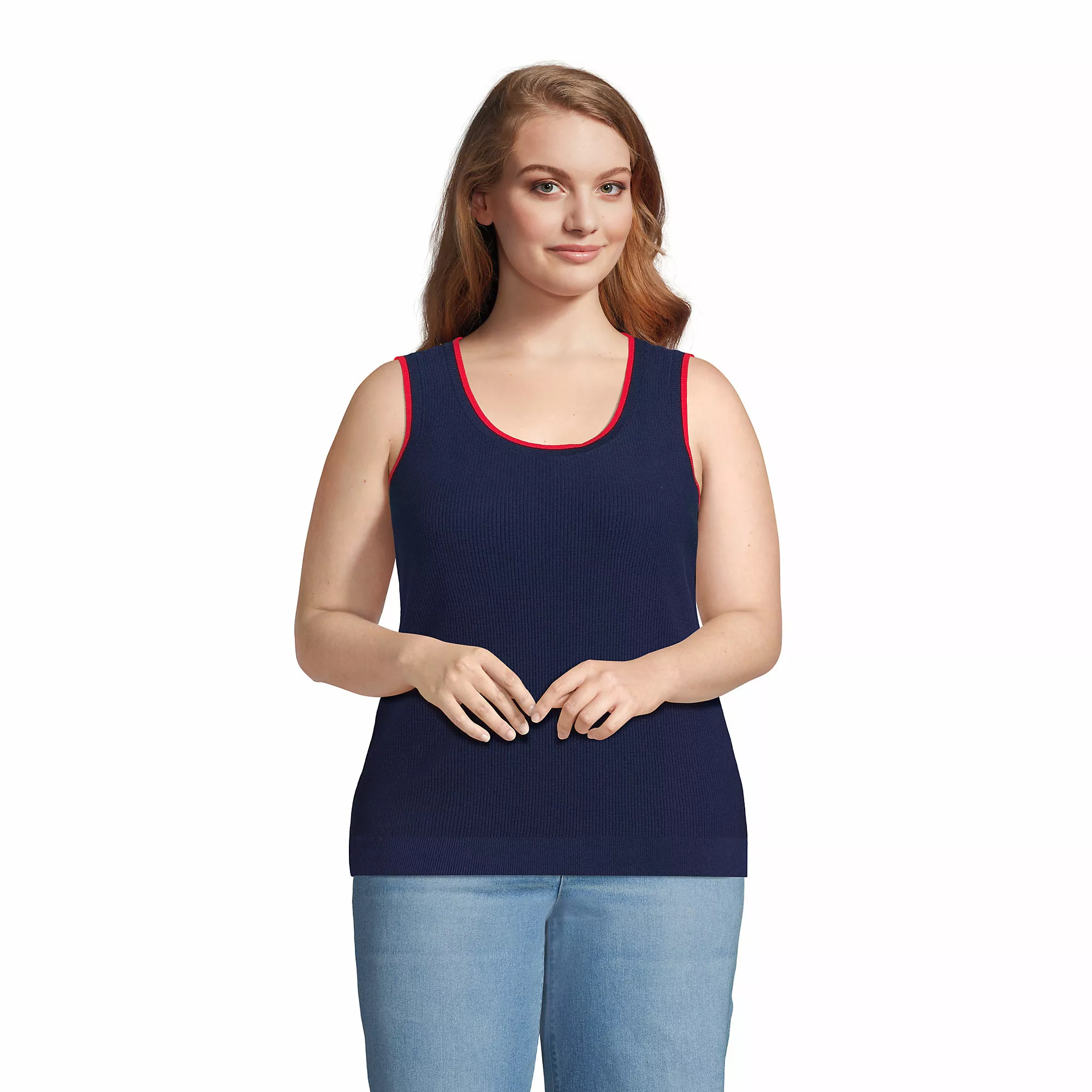 Lands' End Women's Plus Size Fine Gauge Cotton Cardigan And Tank Sweater Set - Image 5