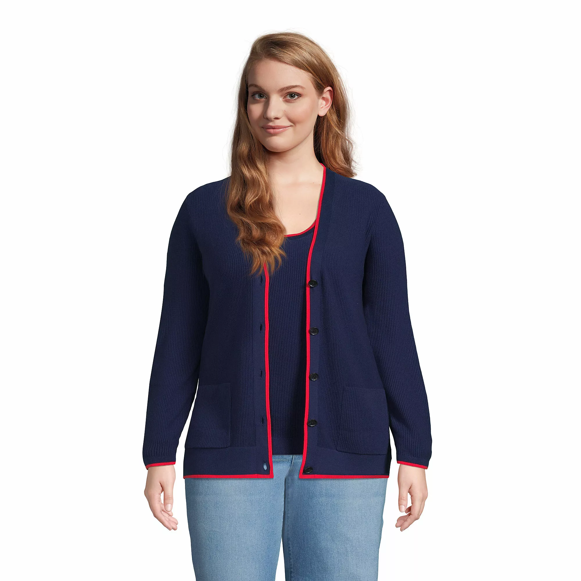 Lands' End Women's Plus Size Fine Gauge Cotton Cardigan And Tank Sweater Set