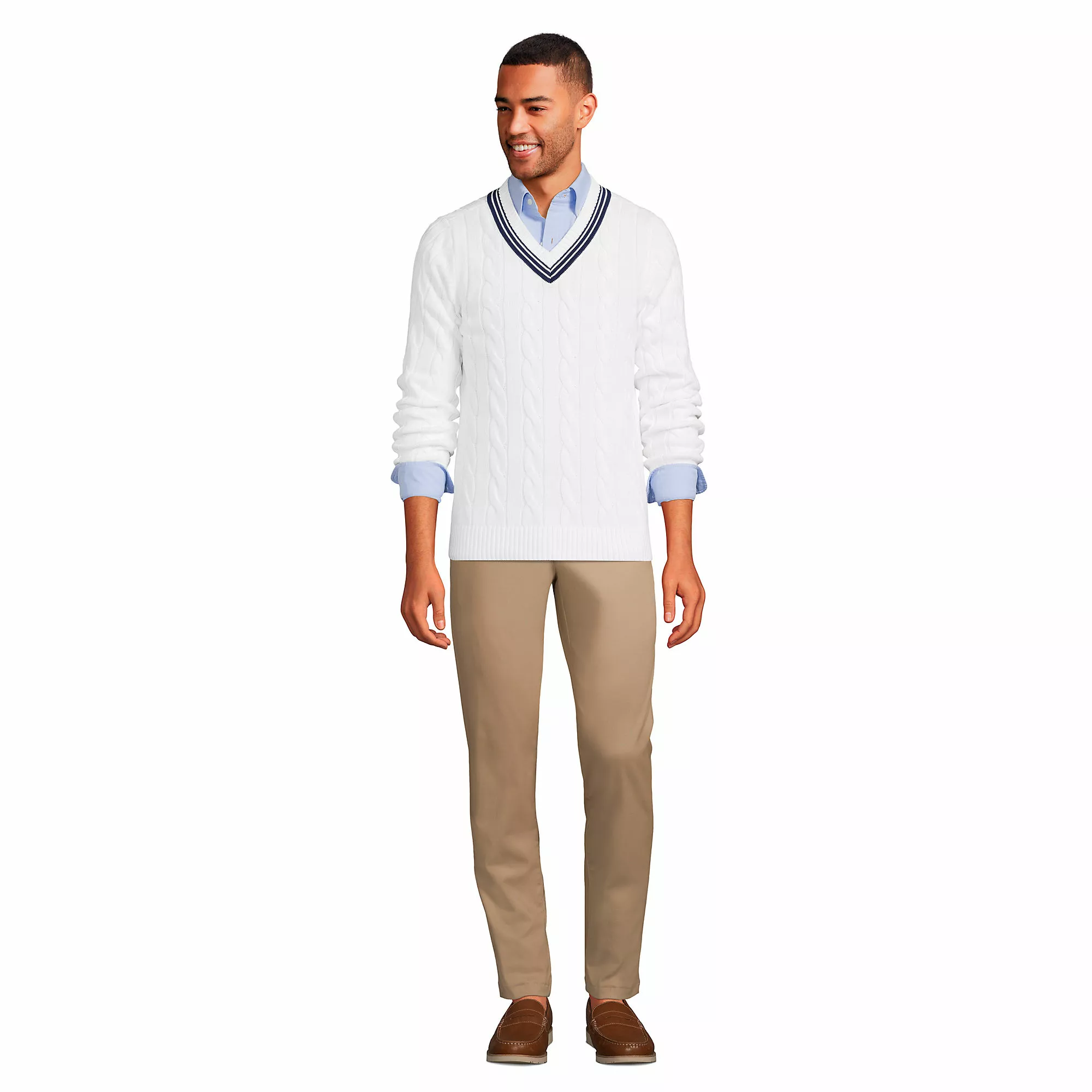 Lands' End Unisex Classic Cotton Drifter V Neck Tipped Cable Sweater - Image 5