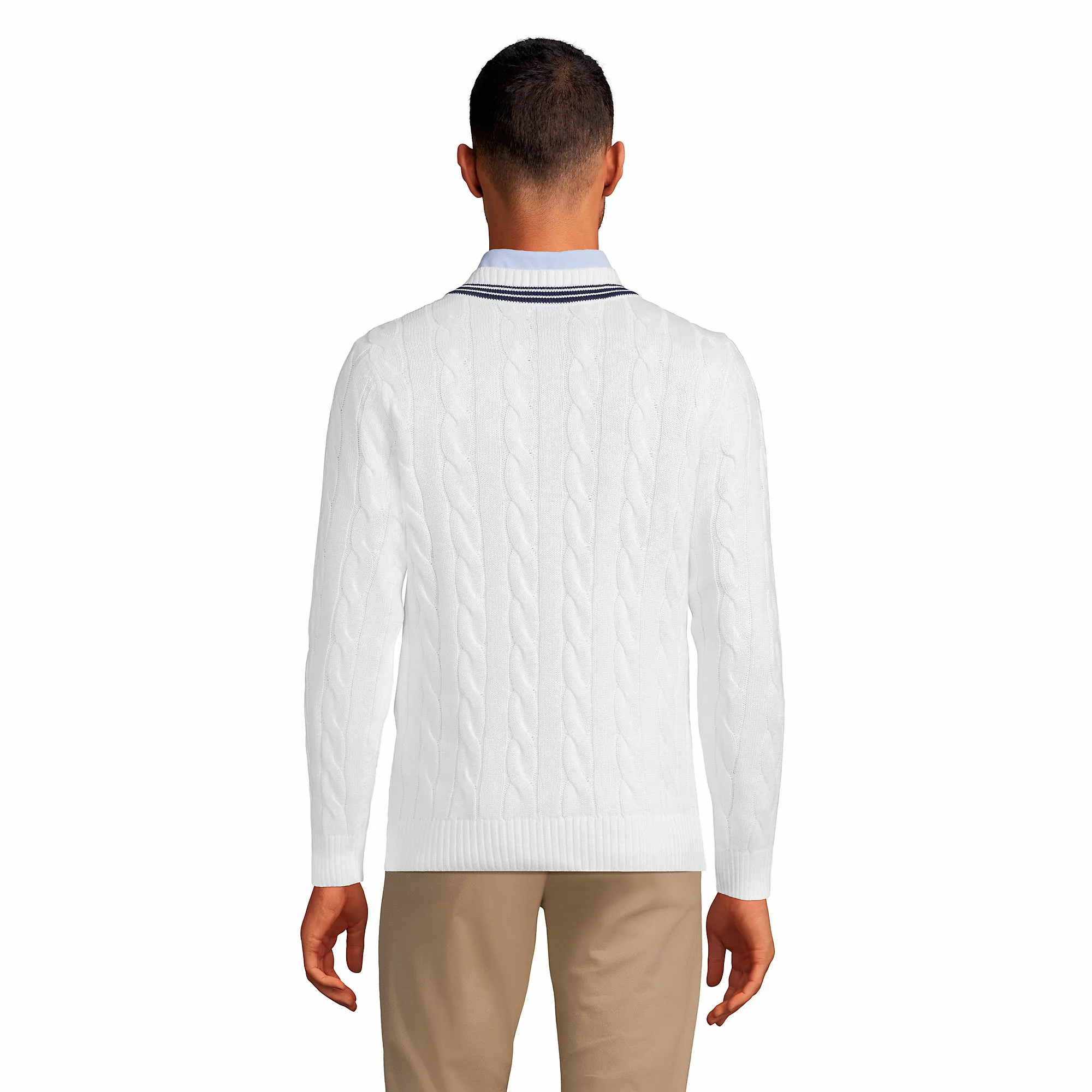 Lands' End Unisex Classic Cotton Drifter V Neck Tipped Cable Sweater - Image 3