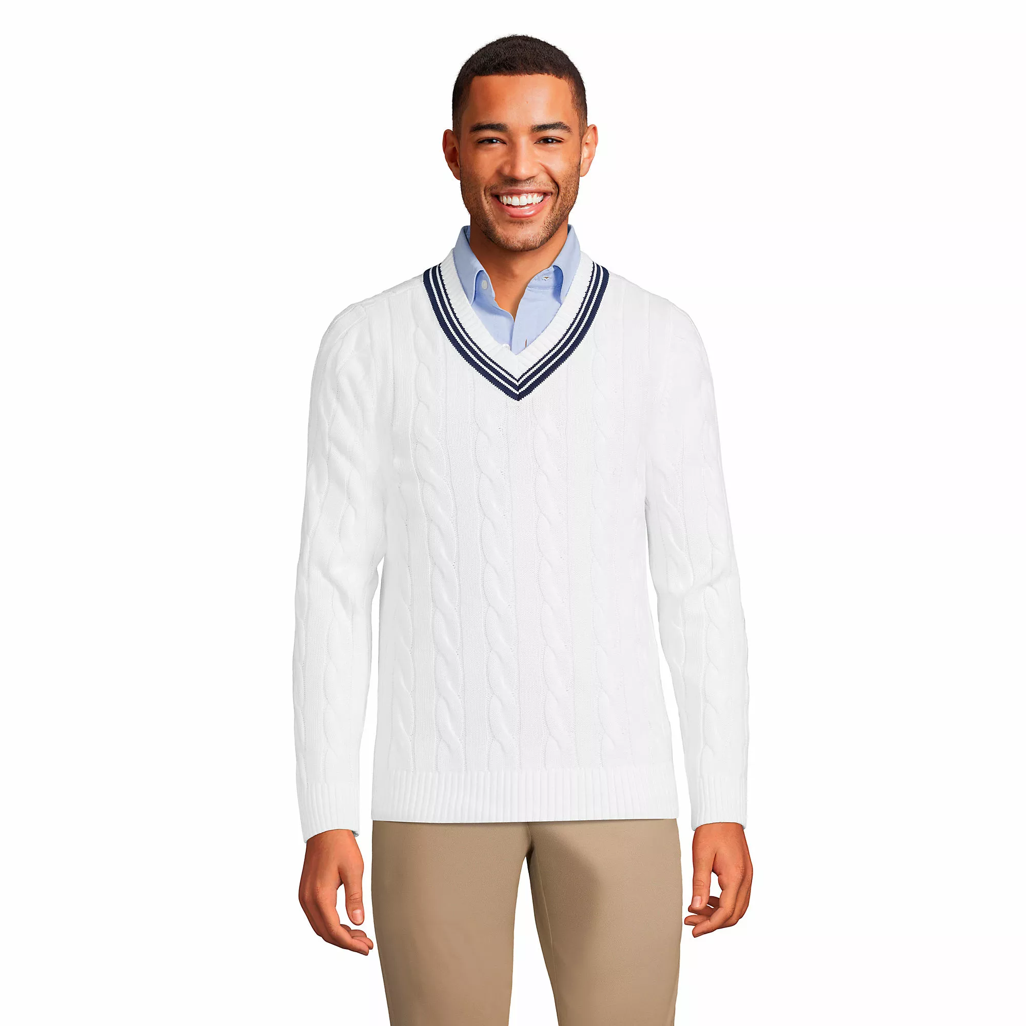 Lands' End Unisex Classic Cotton Drifter V Neck Tipped Cable Sweater - Image 2