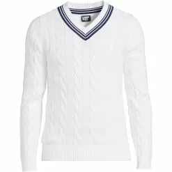 Lands' End Unisex Classic Cotton Drifter V Neck Tipped Cable Sweater