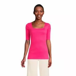 Lands' End Women's Elbow Sleeve 2x2 Rib Square Neck T-shirt