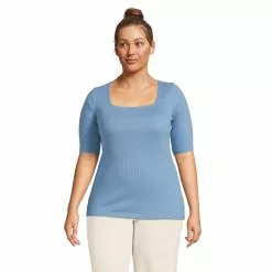 Lands' End Women's Plus Size Elbow Sleeve 2x2 Rib Square Neck T-shirt