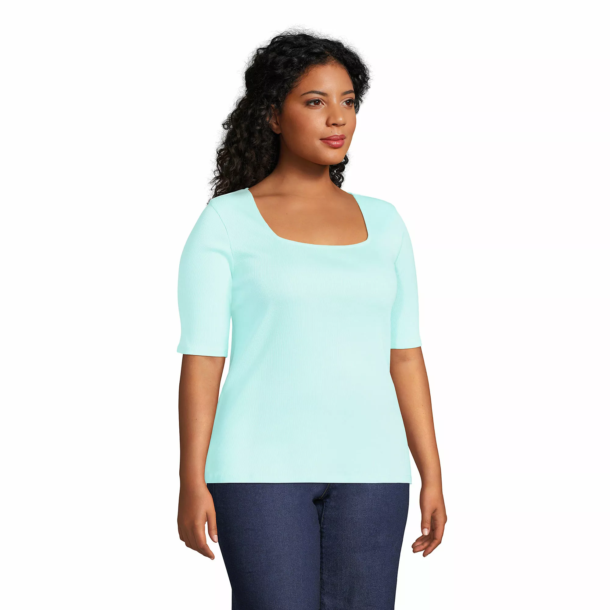 Lands' End Women's Plus Size Elbow Sleeve 2x2 Rib Square Neck T-shirt - Image 3