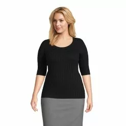 Lands' End Women's Plus Size Cotton Modal Half Sleeve Scoop Cable Pullover Sweater