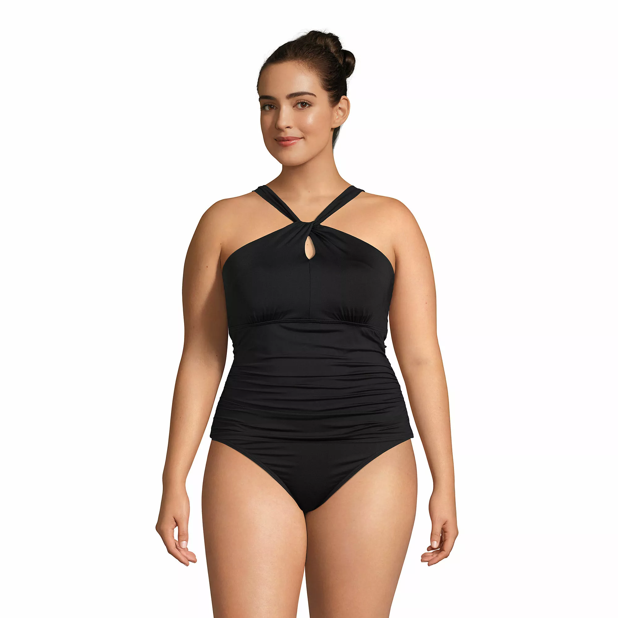 Lands' End Women's Plus Size Chlorine Resistant High Neck To One Shoulder Multi Way Tankini Swimsuit Top - Image 3