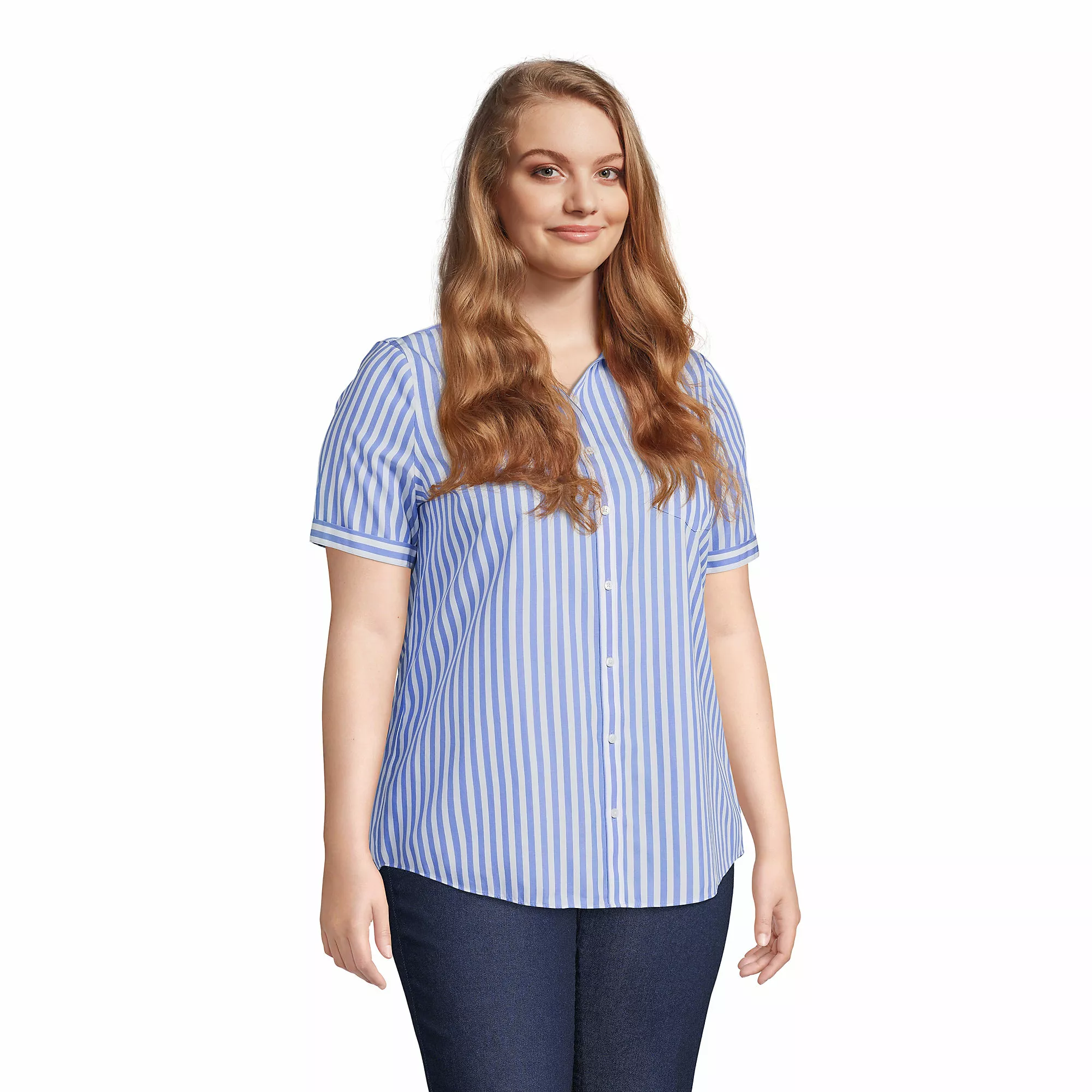 Lands' End Women's Plus Size Wrinkle Free No Iron Favorite Short Sleeve Shirt - Image 3