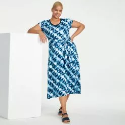 Lands' End Women's Plus Size Light Weight Cotton Modal Convertible Tie Waist Midi Dress