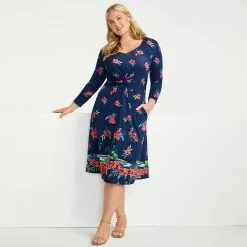 Lands' End Women's Plus Size Lightweight Cotton Modal 3/4 Sleeve Fit And Flare V-Neck Dress