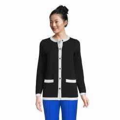 Lands' End Women's Fine Gauge Cotton Pocket Crew Cardigan