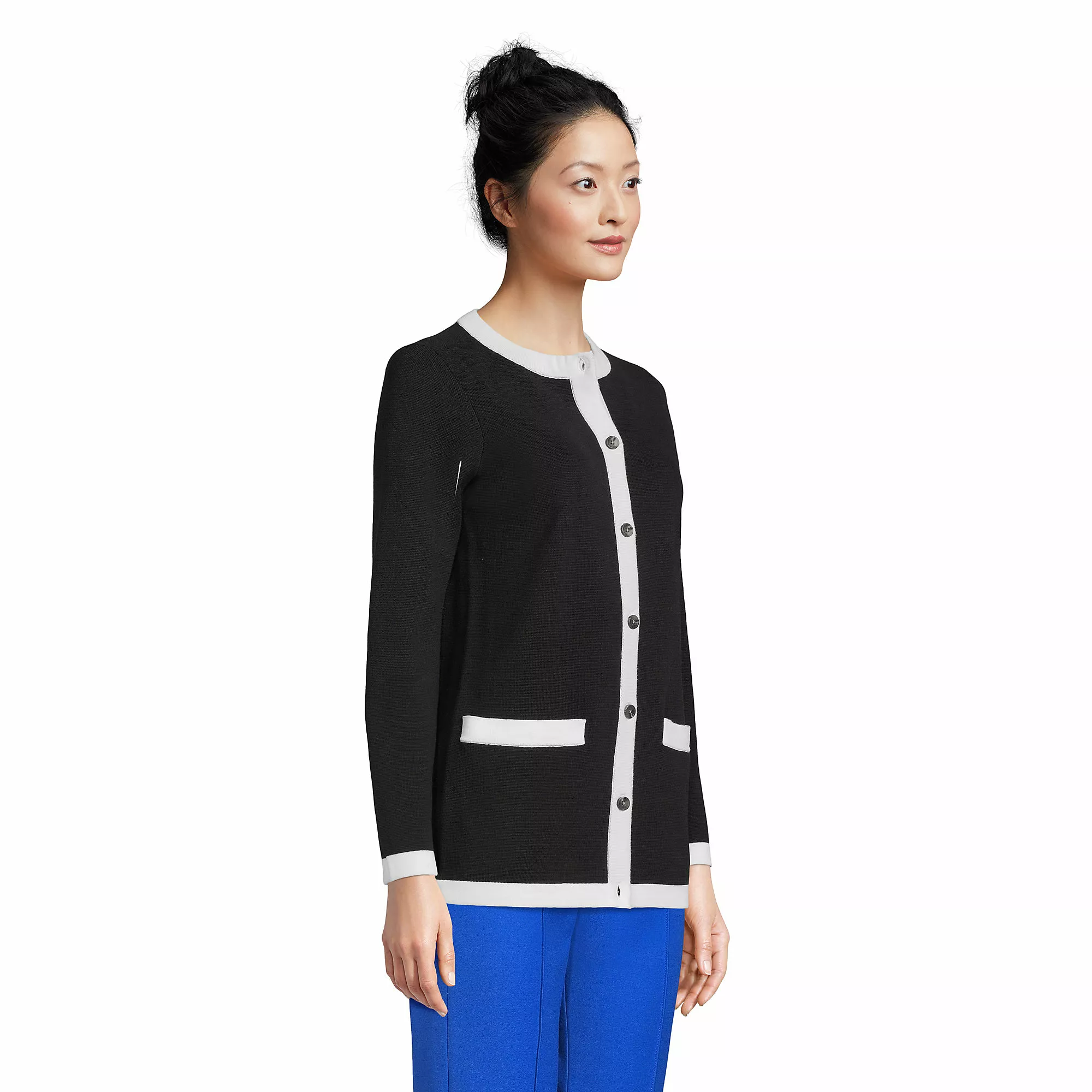 Lands' End Women's Fine Gauge Cotton Pocket Crew Cardigan - Image 3